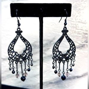 Black matte metal lace look pear drop bead and rhinestone accented earrings